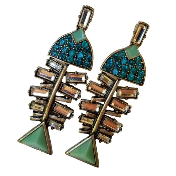Blue Turquoise Fishbone Silver tone Rhinestone Pierced Earrings - Picture 1 of 11